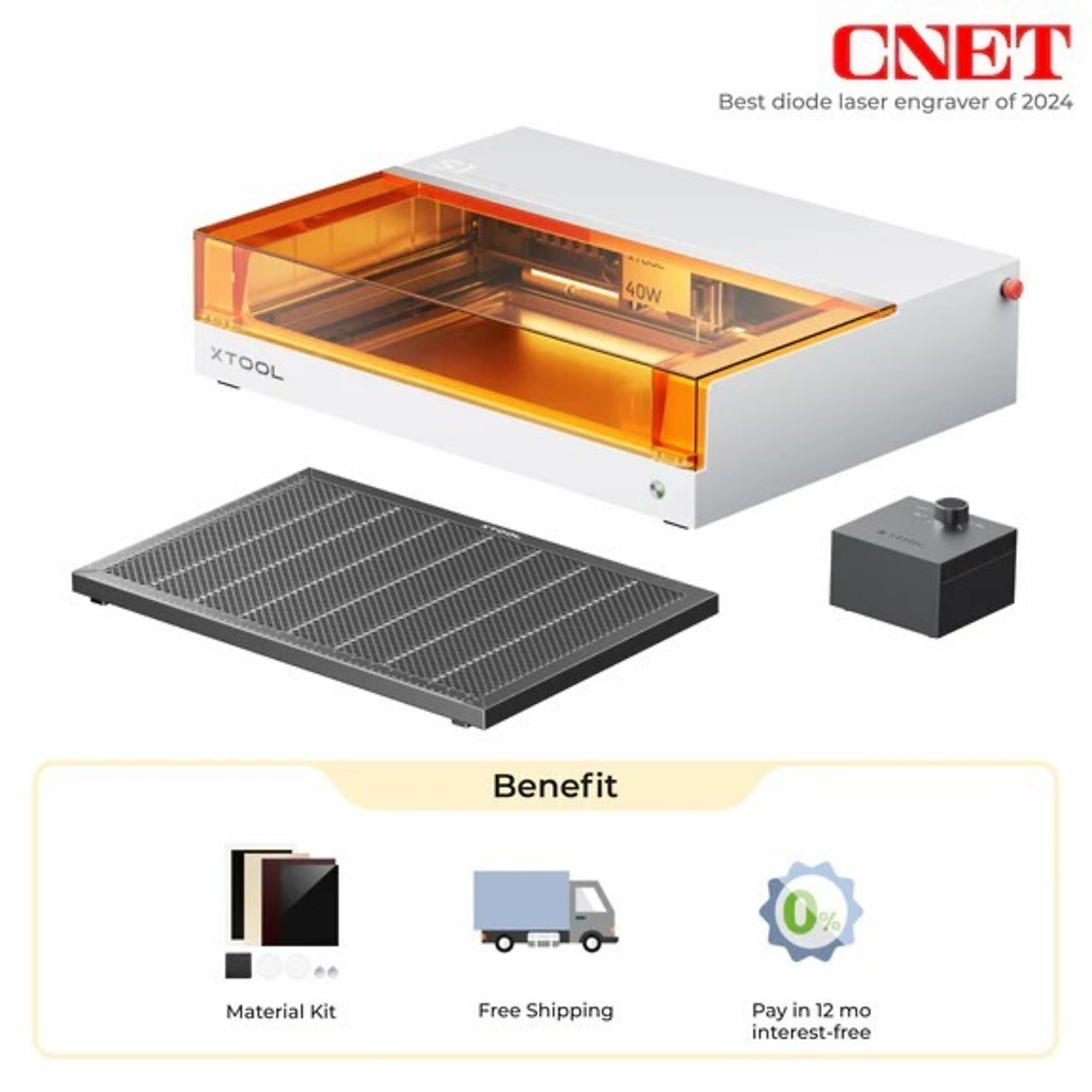xTool, Laser Cutter and Engraver, 40w, 600mm/s,, Working Width 25.98 in, Working Length 33.86 in, Laser Power 40 W, Model# xTool S1 40W Basic-White